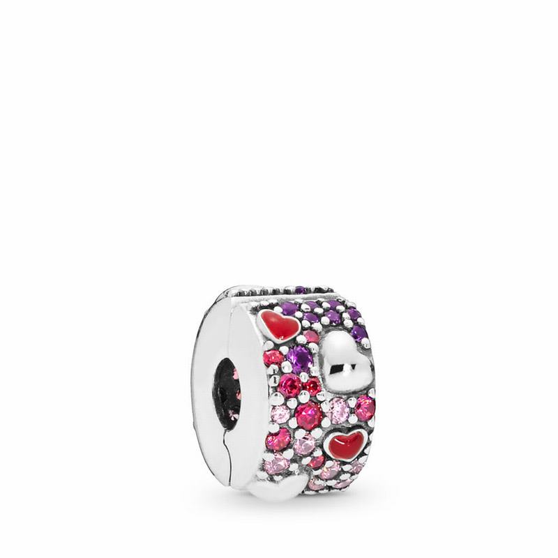 Pandora Asymmetric Hearts Of Love Charm Ireland - Sterling Silver/Enamel/Mixed Stones/Cubic Zirconia